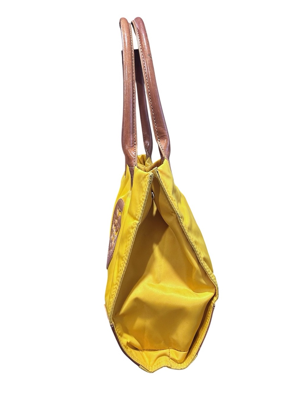 Tory Burch Ella Yellow Nylon Tote with Brown Leather Trim and Logo - Picture 2 of 8
